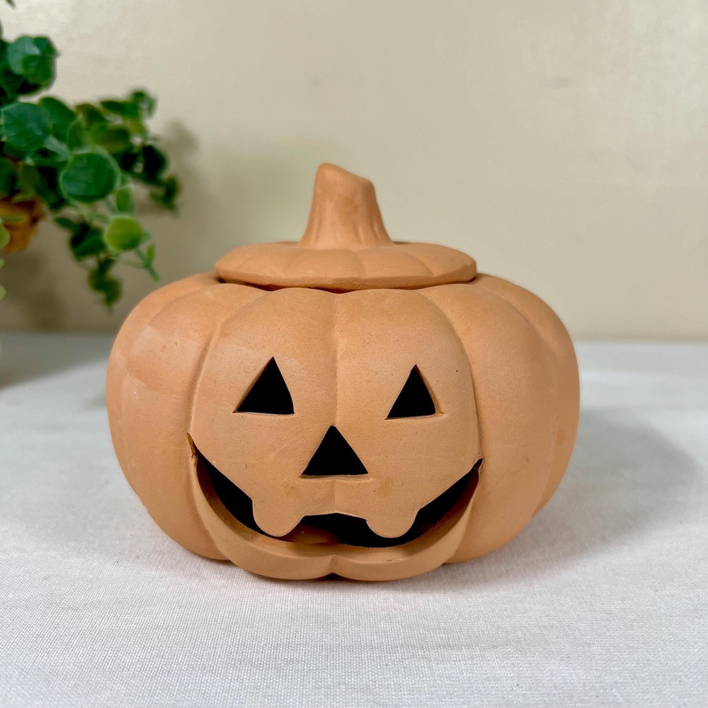 Small Vintage Terracotta Unglazed Pumpkin Jack-O-Lantern